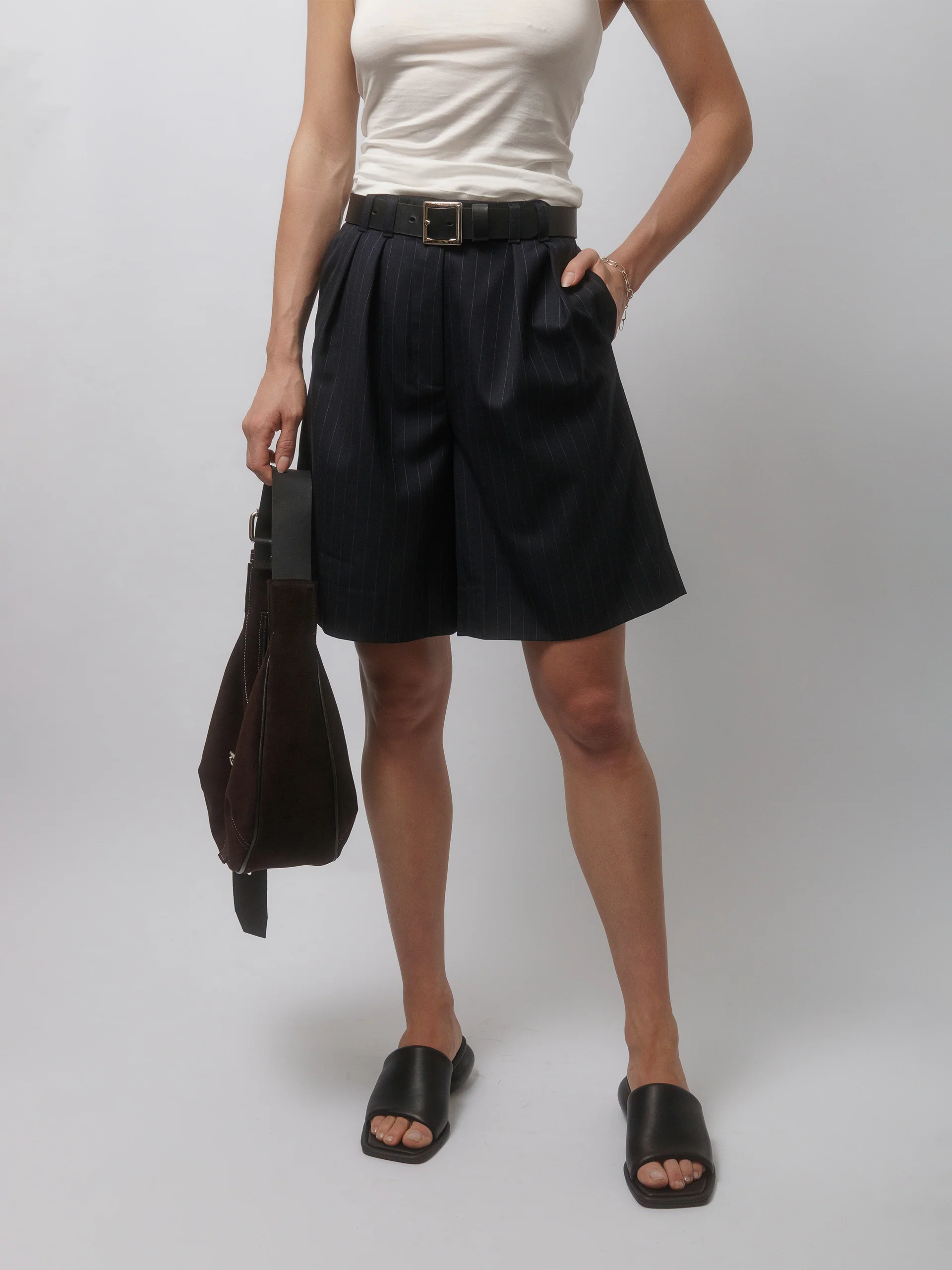 The Lair Apparel Otis Longline Tailored Short Charcoal Pinstripe - Image 6